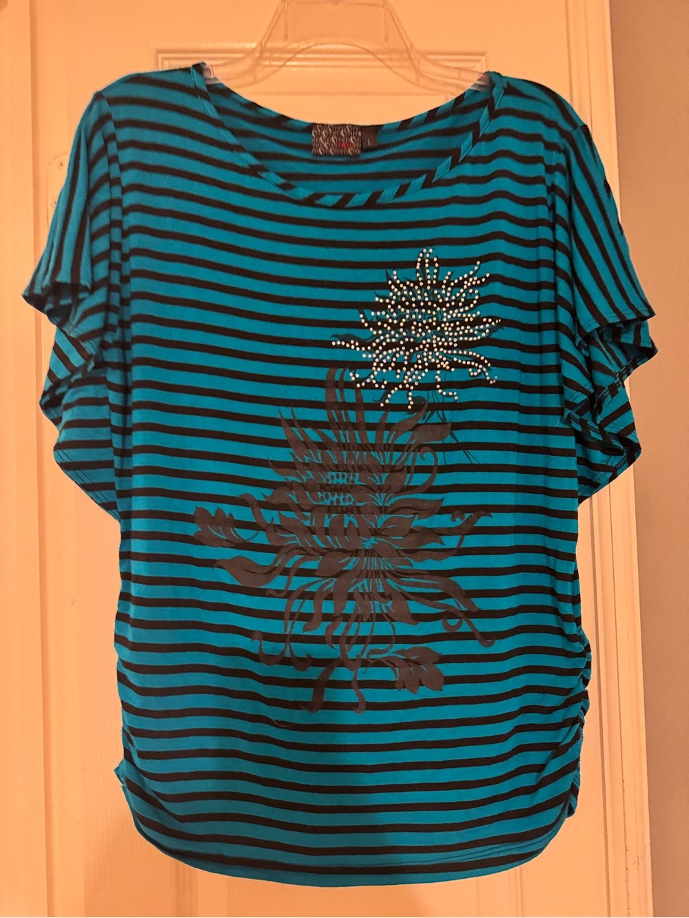 Striped Teal and Black Floral Accent Women's Top